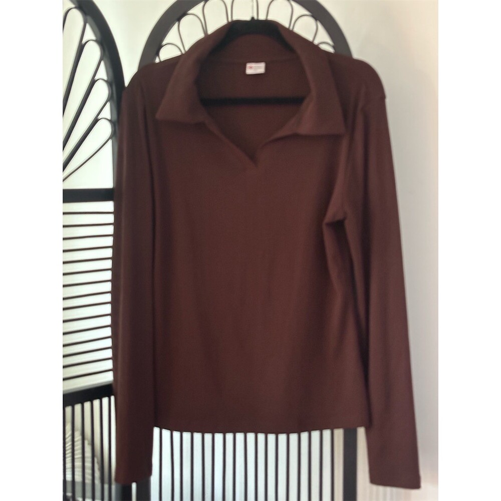 WIHOLL Blouse Womens XL Brown Long Sleeve Collared V-Neck Pullover Top